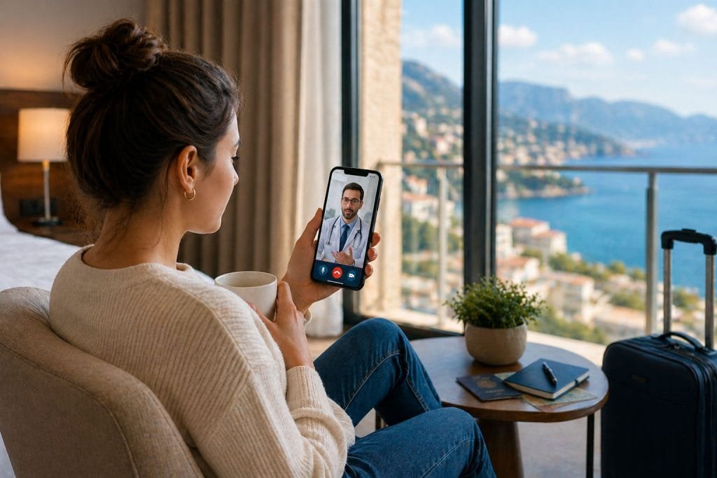 Traveler using travel medical assistance to speak with a doctor abroad