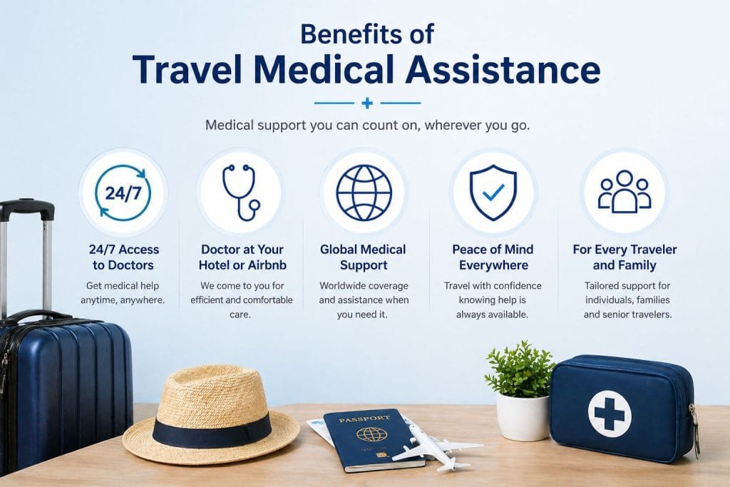 Key benefits of travel medical assistance including 24/7 doctor support and global assistance