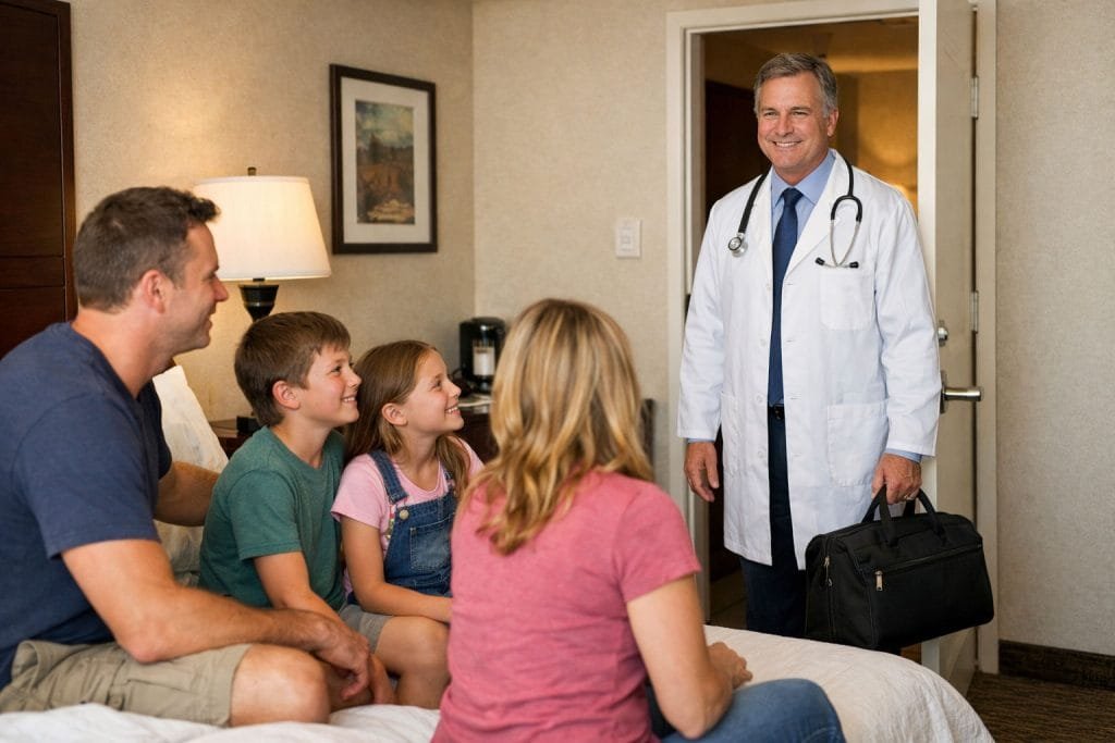 Doctor providing travel medical assistance to a US family in a hotel room abroad