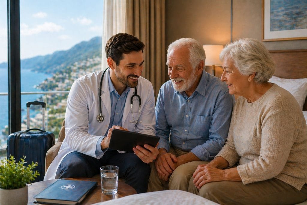 Senior travelers receiving travel medical assistance from a doctor at their hotel