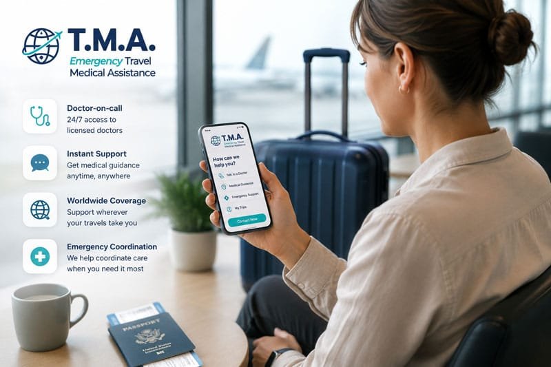 Traveler using digital travel medical assistance on a smartphone at the airport before an international trip with TMA emergency support services.