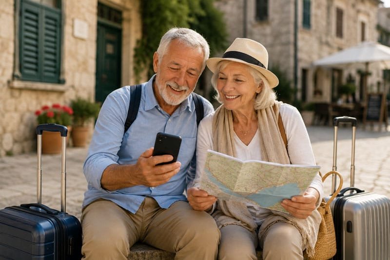 Senior couple traveling independently in a European city while using a smartphone and map to navigate their international trip.