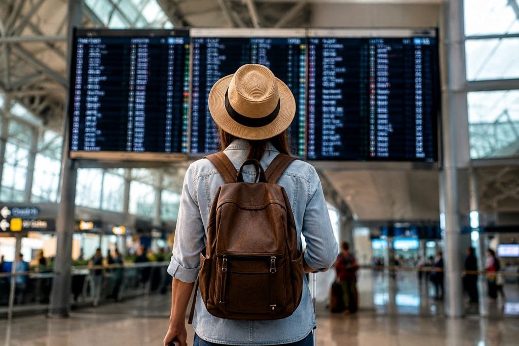 American traveler abroad at airport looking for medical assistance support during international travel