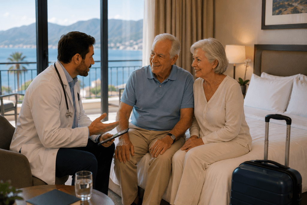 Doctor visiting senior travelers at their hotel abroad for medical assistance support