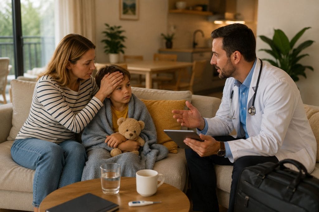 Doctor providing medical assistance to a family with a sick child at their Airbnb abroad