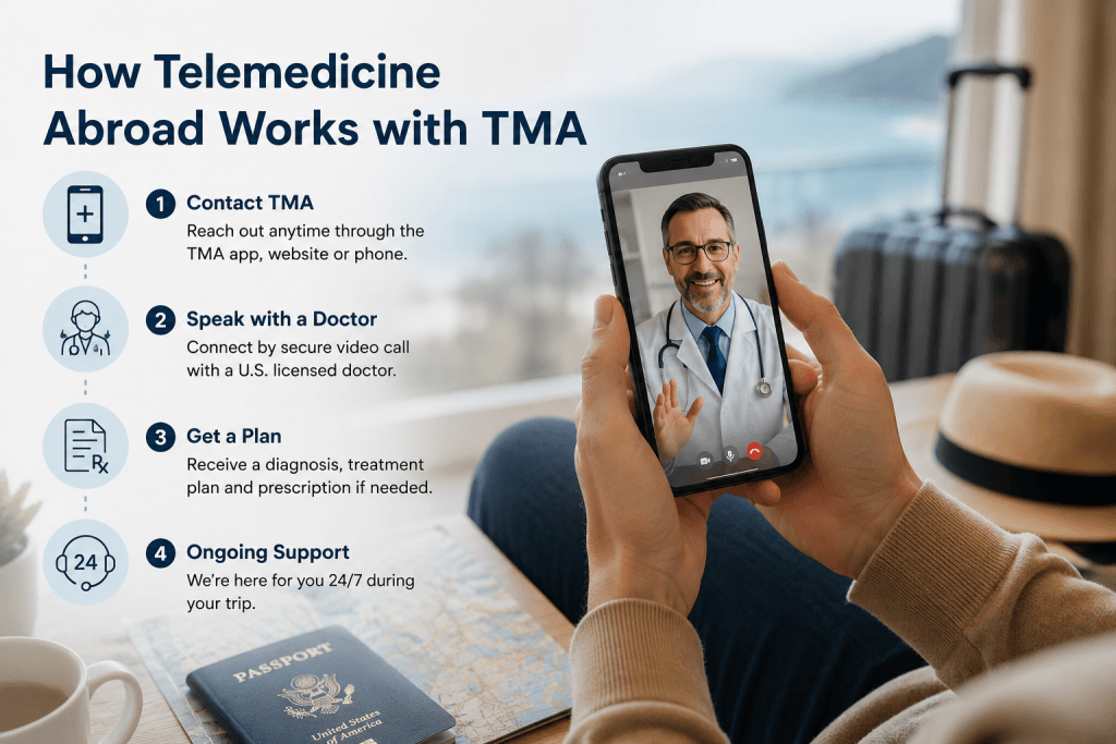 Illustration showing how telemedicine abroad works with TMA through doctor video calls, online medical support, and travel medical assistance for travelers overseas.