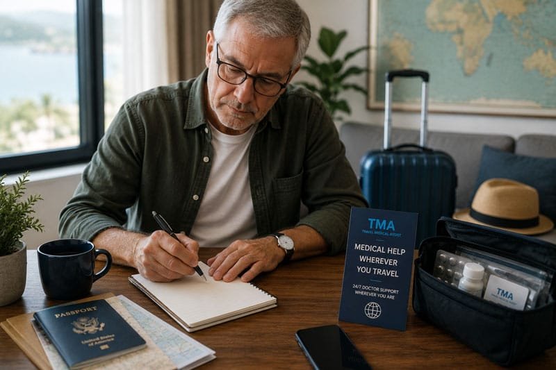 Senior traveler preparing for an international trip by organizing travel documents, medications, and medical assistance information before departure.