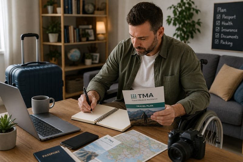 Traveler in a wheelchair preparing for an international trip with travel medical assistance documents