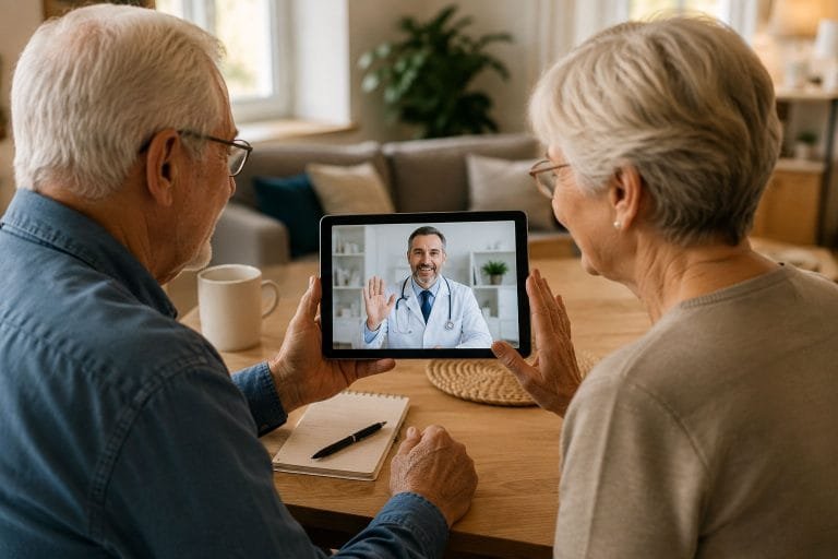 Senior couple using a tablet to speak with a doctor through a telemedicine video call while traveling abroad.
