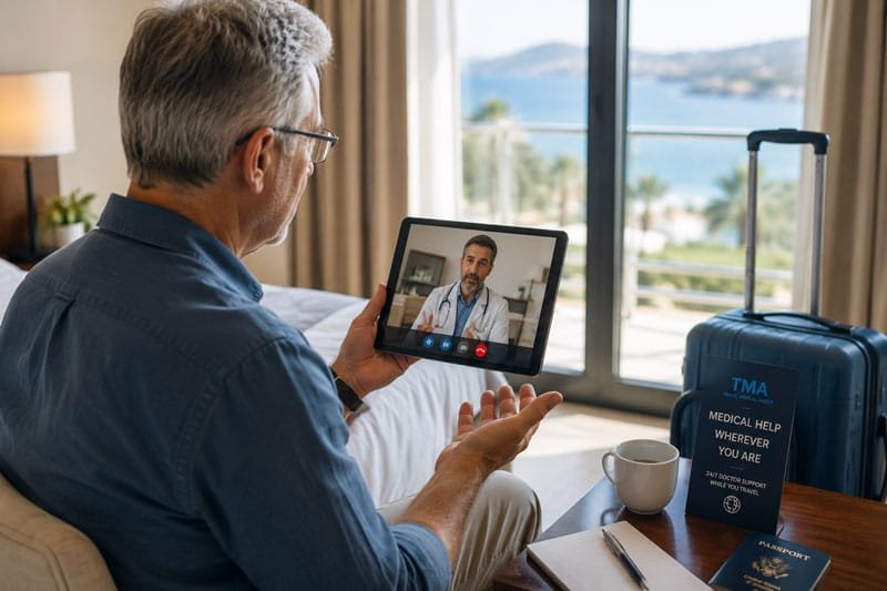 Senior traveler using telemedicine on a tablet in a hotel room abroad to speak with a doctor through a travel medical assistance service.
