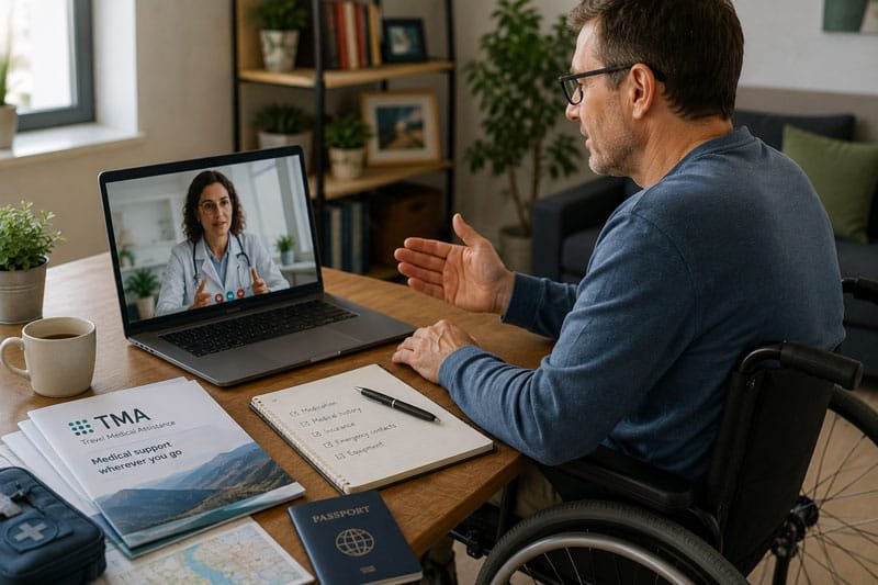 Man in a wheelchair using telemedicine for travel medical assistance
