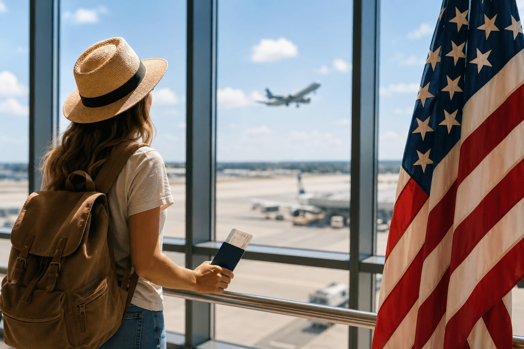 merican traveler waiting at airport before an overseas trip