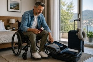 Middle-aged traveler with a disability preparing for international travel with luggage and passport