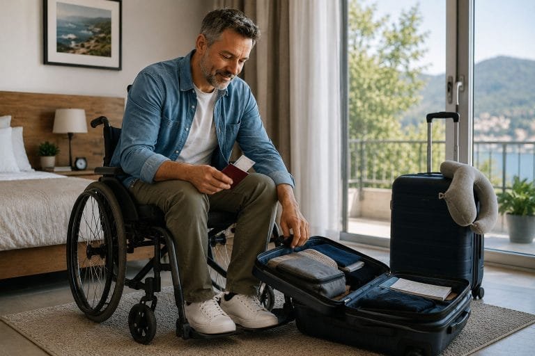 Middle-aged traveler with a disability preparing for international travel with luggage and passport