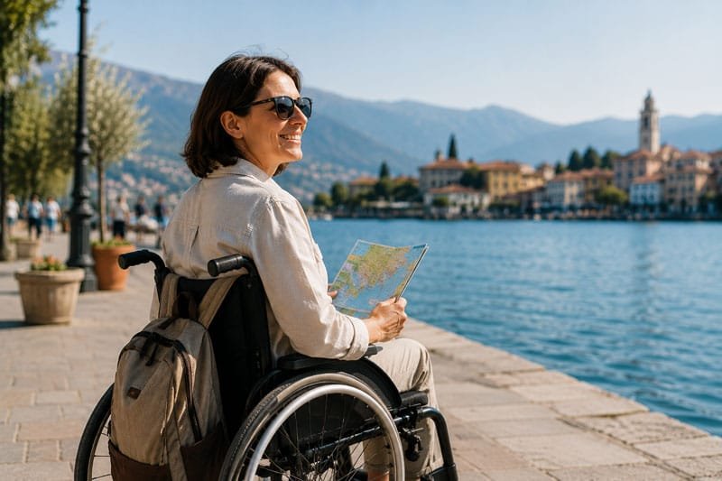 Woman in a wheelchair enjoying international travel by the waterfront