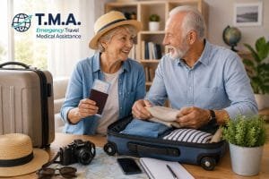 Senior couple preparing for an international trip with TMA Emergency Travel Medical Assistance support and travel luggage at home.