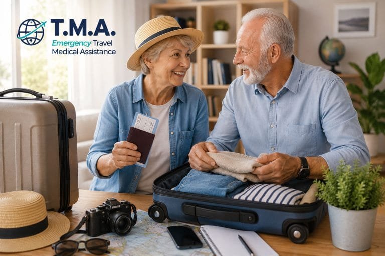 Senior couple preparing for an international trip with TMA Emergency Travel Medical Assistance support and travel luggage at home.