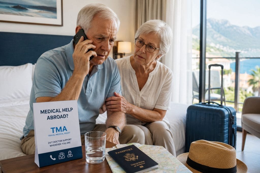 Senior American couple in a hotel room abroad speaking with a doctor through a travel medical assistance service during a medical situation while traveling internationally.