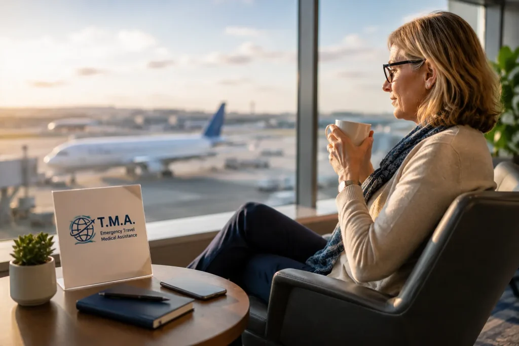 Dialysis traveler relaxing at an airport lounge with access to T.M.A. travel medical assistance and support abroad