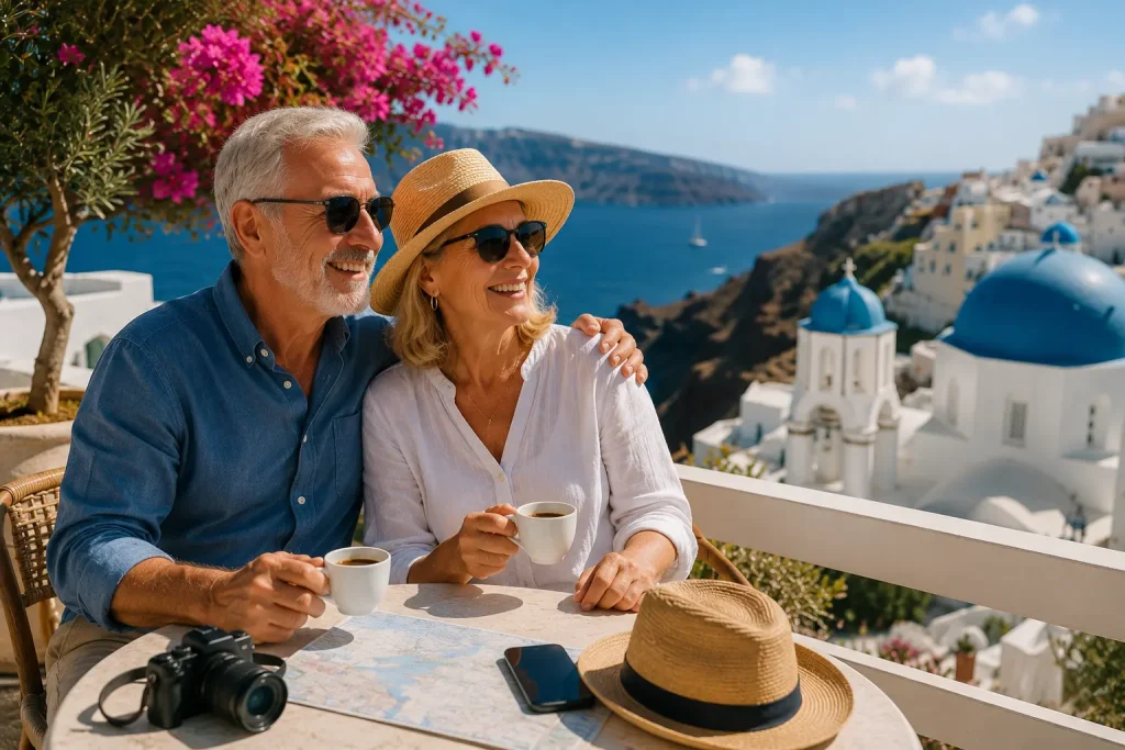 Couple enjoying a relaxing vacation abroad with peace of mind while traveling with dialysis.