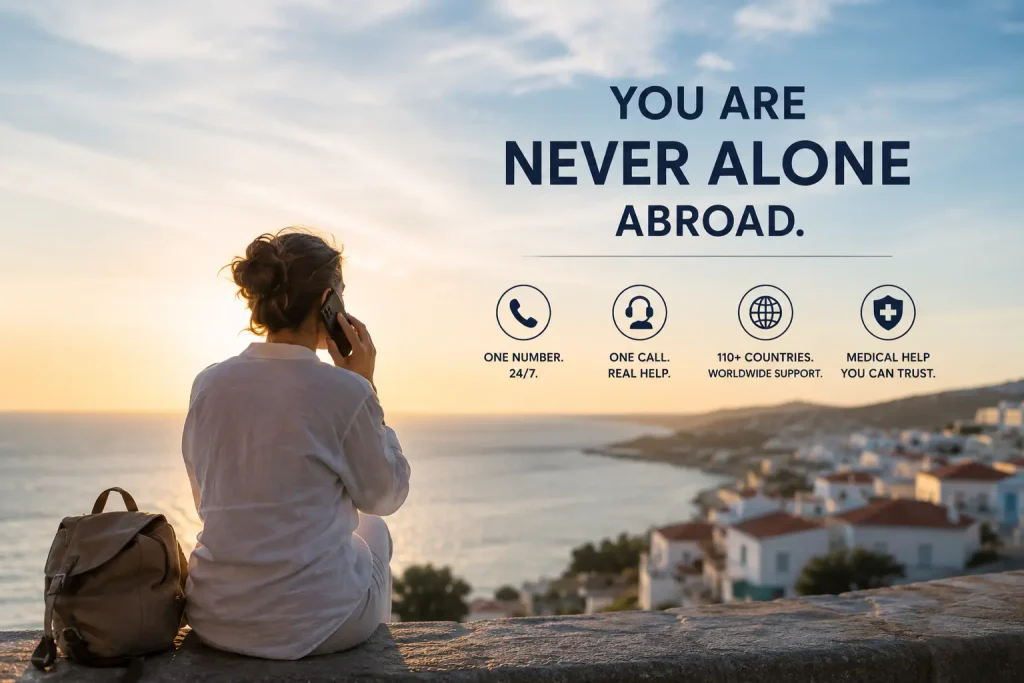 Traveler overseas knowing medical assistance abroad is only one call away