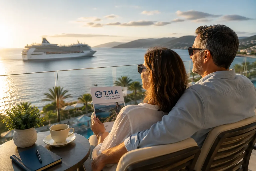 Couple enjoying a cruise vacation abroad with T.M.A. travel medical assistance support