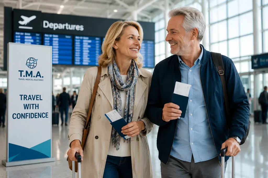 Couple traveling through an airport with access to medical support for chronic conditions
