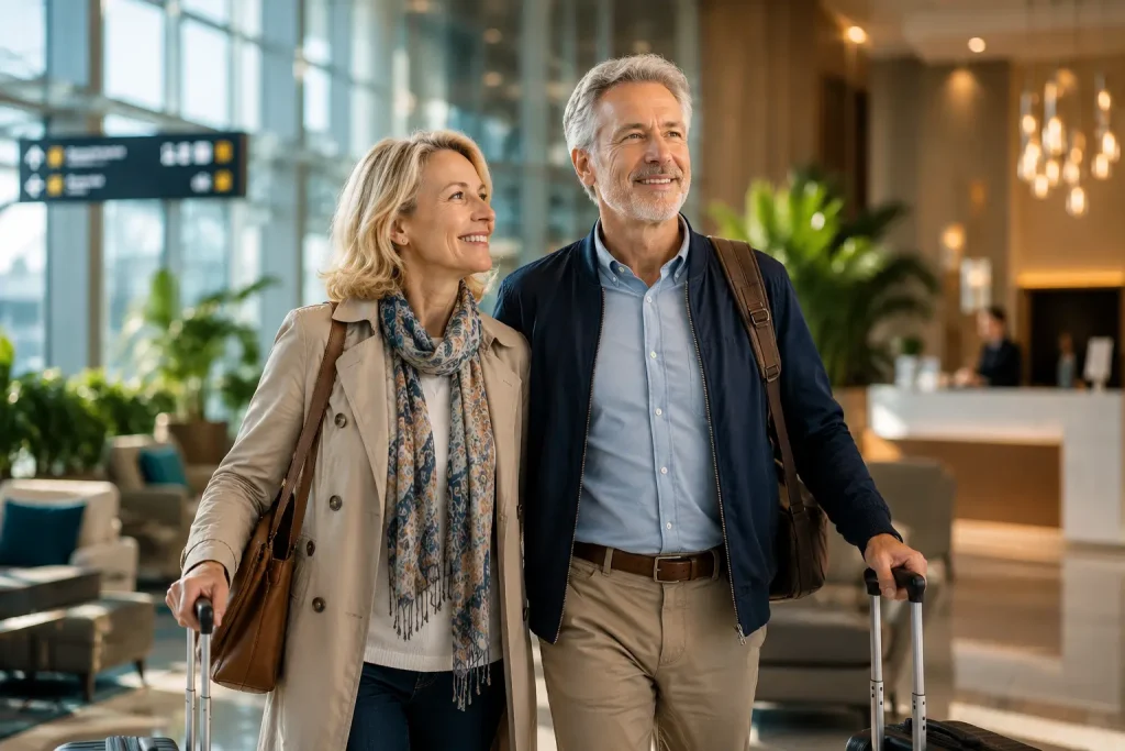Happy mature couple traveling with confidence and access to medical support abroad