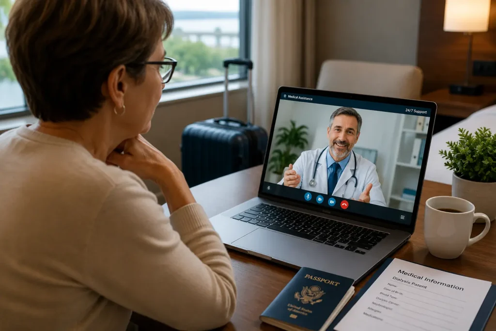 Dialysis traveler using telemedicine during an international trip to receive real-time medical assistance from a doctor.