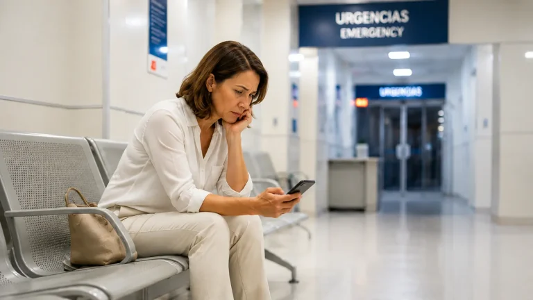 Worried traveler using her phone in a hospital waiting room while seeking travel medical assistance abroad