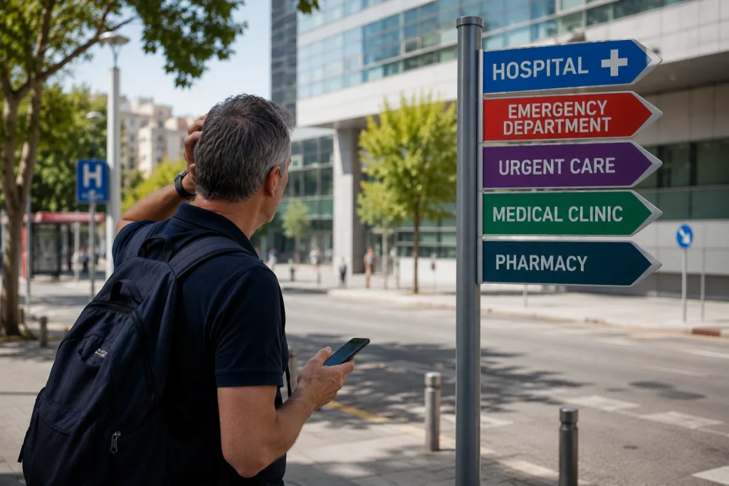 Traveler looking at signs for different healthcare facilities while seeking medical help abroad.