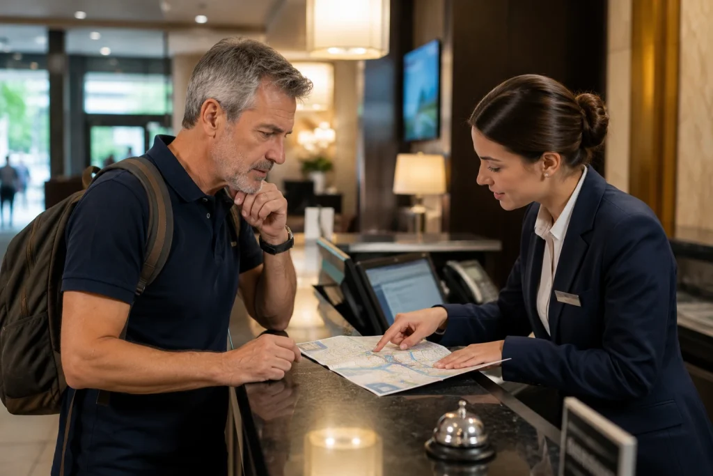 Traveler asking a hotel receptionist for help finding medical care while abroad.