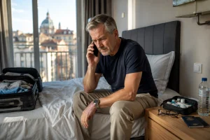 Traveler in a hotel room speaking on the phone while seeking medical assistance abroad.